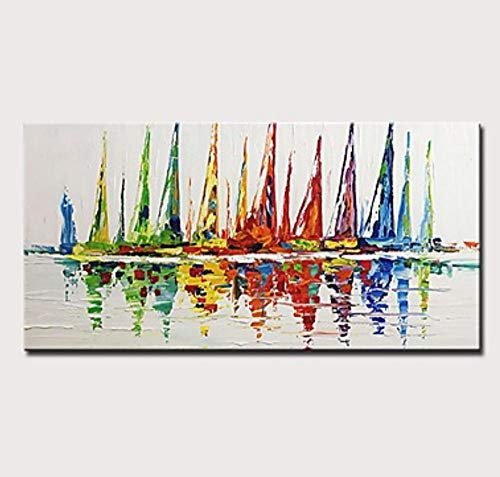 Ölgemälde Auf Leinwand Handgemalt,Moderne Abstrakte Landschaft Gemälde, Multicolor Segelboote Und Reflexion, Große Mauer Kunst Dekor Für Klassenzimmer Home Wohnzimmer Schlafzimmer Büro Hotel Cafe
