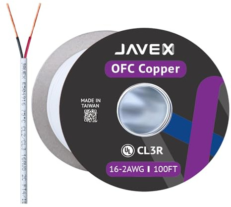 JAVEX OFC Speaker Wire [2x1,31mm2] UL-CL3 certificed for UV-Resistance [Oxygen-Free Copper 99.9%] for Theater and Audio Systems Installation, White, 30,5M