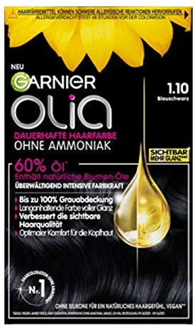 Garnier Olia Dauerhafte Haarfarbe ohne Ammoniak, Mit pflegenden und natürlichen Ölen, Vollständige Grauhaarabdeckung, Permanente Coloration, Nr. 1.10 Blau, 1 Stück