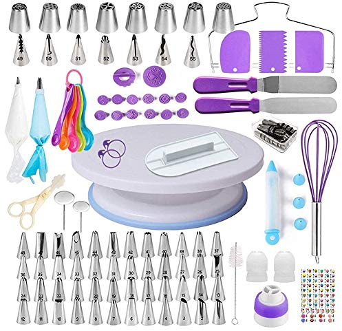 LTLCLZ Cake Decorating Supplies Kit for Beginners Set of 137 Baking Pastry Tools, 1 Turntable Stand 55 Numbered Icing Tips with Pattern Chart, Angled Spatula, 8 Russian Piping Nozzles Baking Tools