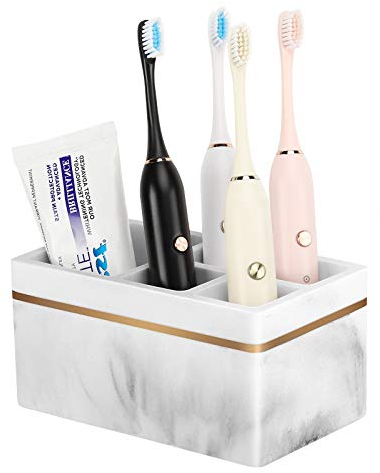 Shinowa Zahnbürstenhalter, 5 Fächer Elektrischer Zahnbürstenhalter mit Abflussloch Zahnbürstenständer Harz Zahnbürsten Halterung Badezimmer Zahnbürstenhalter für Zahnpasta, Kiesweiß