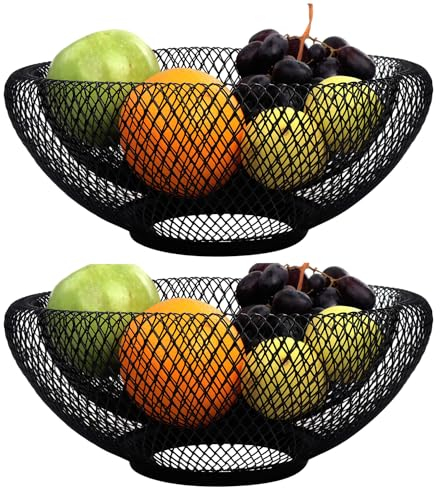 VR7 Fruit Bowl Metal Mesh Fruit Basket for Kitchen Decor 25cm - Durable, Airflow Design for Freshness - Black 2 Pack