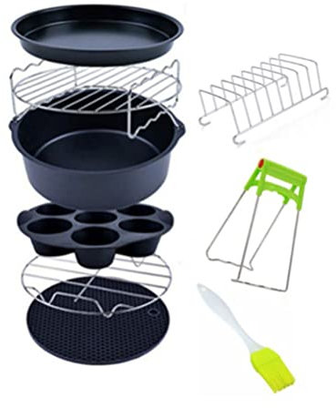 Air Fryer Accessories 6/7/8 Inch, 9Pack General Air Fryer Accessory Set Compatible for Tower Air Fryer, COSORI 3.2-5.8QT with Cake Basket, Mitt, Pizza Pan, Skewer Holder, Insulation pad (8inch)
