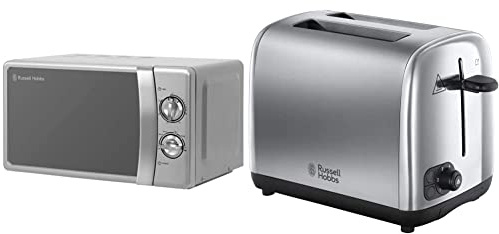 Russell Hobbs RHMM701S 17 Litre 700 W Silver Solo Manual Microwave with 5 Power Levels & 24080 Adventure Two Slice Toaster, Stainless Steel, 2 Slice, Brushed and Polished