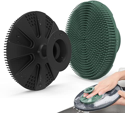 Silicone Sponge, BEAUTAIL Non-Scratch Scrub Sponges, for Washing Dishes and Cleaning Kitchen, Long Lasting and Reusable Dishwashing Scrubber, Suction Up Hang Designed, 2 Pack, Black+Olive Green