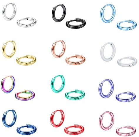 Kakonia Kakonia 12 pares de pendientes de aro pequeños de acero inoxidable para mujer, pendientes de aro de cartílago Huggie para hombre, piercings de oreja Helix Daith Tragus multicolor