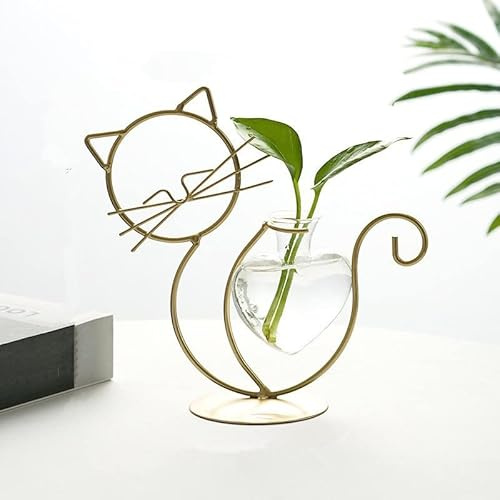 Radefasun Desktop Cat Plant Vases Small Glass Flower Vase with Gold Metal Stand Propagation Station Plant Holder for Home Wedding Decor (Gold Sit Cat)