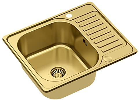 QUADRON fregadero de un seno Lavabo con escurridor | tamaño 45cm Color: Dorado | KEVIN fregadero de cocina | Escurridor incluido | Fregadero apto para armarios a partir de 45 cm | Empotrado (PVD ORO)