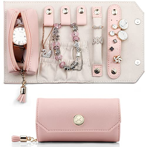Vlando Personalisiertes Schmuckkästchen Klein, Schmuckaufbewahrung–Schmuckkasten Reise, Schmuckroll Drehbar für Ohrring, Halsketen,Uhren, Schmuck-Reiseetui, Geschenkidee für Mädchen, Damen