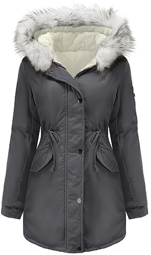 Vancavoo Damen Winterparka Gefütterter Wintermantel Winterjacke mit Kapuze | Warm Gefüttert mit Taillenzug, Schrägtaschen, Reißverschluss und Druckknöpfen sowie Rückenschlitz