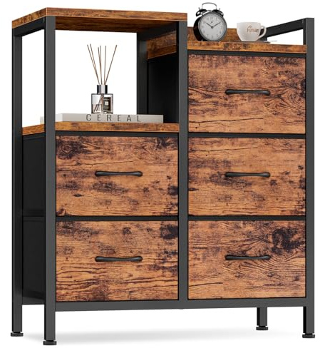 Furnulem 5 Drawer Rustic Brown Dressers for Bedroom 2 Tier Shelf Storage Small Fabric Dresser for Closet Sturdy Metal Frame Modern Style Storage Cabinets Organization Units for Hallway Rooms