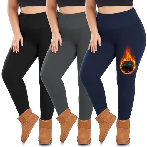 we fleece 3 Pack Plus Size Fleece Lined Leggings Women -Stretchy X-Large-4X Warm Winter Yoga Pants Thermal Leggings Black/Grey/Navy