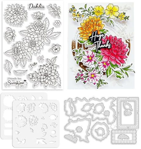 ORIGACH Dahlien Stempel, Stanzen und Schichtfärbe-Schablonen Bundle | Realistische Frühling Dahlien Klare Stempel und Stanzformen Set, Stempels und Schablonen für die Kartenherstellung