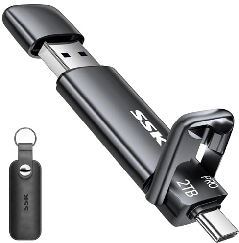 SSK Chiavetta USB 2TB SSD Flash Thumb Drive fino a 1000MB/s Dual USB C+A 3.2 Stick | Supporto OTG, 4K60Hz ProRes HDR, 2 in 1 Dual Head, SSD esterno veloce per iPhone 15/16/17/telefono Android, in lega di zinco