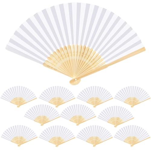 EUDUQ Fächer Hochzeit Weiß,12 Stücke Handfächer,PapierFächer,Klappbar Fächer,DIY-Hochzeitsfächer,Hand Fan für Hochzeitsdeko,Geburttag Party und Leistung