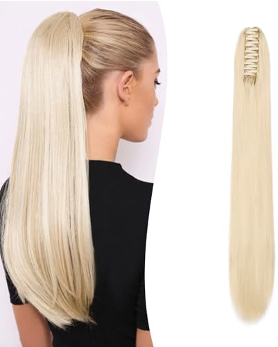 Gairyan 60cm Cola de Caballo Extensiones Pelo Natural Coleta Postiza Lisa con Pinza Extensiones Coleta Larga con Pinza Extensiones de Cabello Postiza Pelo Sintético - Blanqueador rubia