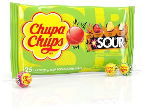 Chupa Chups SOUR Lecca lecca lecca, confezione assortita, al gusto di limone, fragola e mela, confezionate singolarmente, per adulti e bambini, confezione da 25