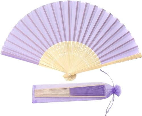 FANSOF.FANS Abanico de mano plegable de tela con borla de bambú de grado A para mujeres y niñas, fiesta de verano, eventos, cumpleaños, boda, regalo de recuerdo (lila pálido morado)