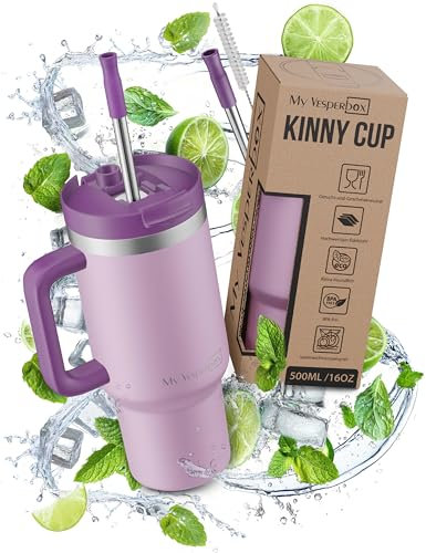 My Vesperbox Kinny Cup – Edelstahl Thermobecher mit Henkel & Strohhalm (500/950 / 1200 ml) – Isolierbecher To Go für Kaffee, Eis & Alltag – BPA-frei, Auslaufsicher, Spülmaschinenfest