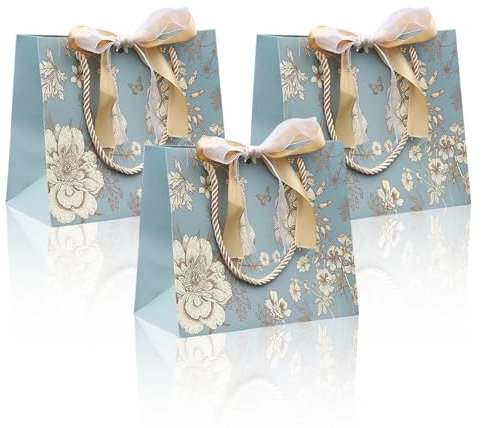 FOSDICK 3 Stück Papiertüten mit Henkel, Geschenktüten, 25x20x12cm Geschenktasche, Geschenktaschen mit Schleifenbändern, Partytüten Geschenktüte Hochzeit Geburtstag, Weihnachten, Hochzeit, Neujahr