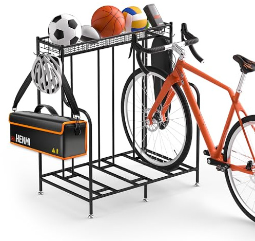 HENMI Fahrradständer Boden für 3 Fahrräder mit Korb und Haken | Einfach zu Montieren, Geeignet für E-Bike, Mountainbike und Rennrad