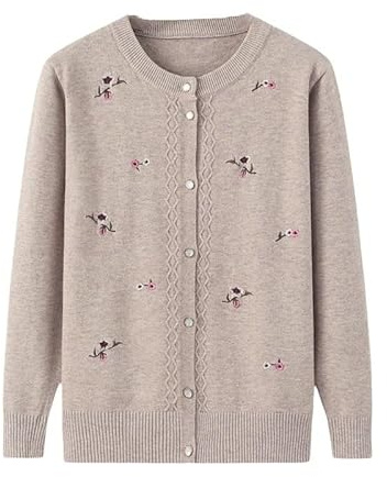 LIUYUYOUGO Stickad cardigan för medelålders och äldre med krage, blommigt broderi, kabelstickad cardigan, öppen framsida, tröja, kappa, långärmad, gammal, dam, stickat, höst, stickad jacka, BEIgE, M