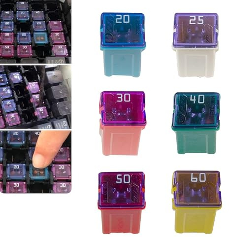 Nowkont Paquete de 6 fusibles surtidos para automóvil, 20A/25A/30A/40A/50A/60A, fusibles de codificación de colores multiespecificación, fusible de hoja cuadrada de 1.06 x 0.47 x 0.49 pulgadas,