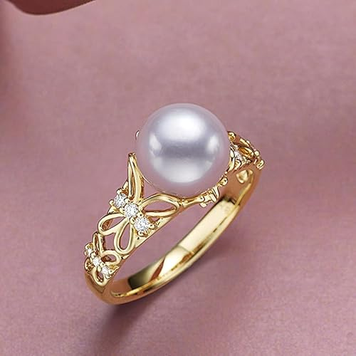 Anillo de perla de mariposa con concha blanca y oro, anillo abierto con perla de agua dulce natural, perla de iris para mujeres, adolescentes y niñas, anillo abierto con diamantes de imitación