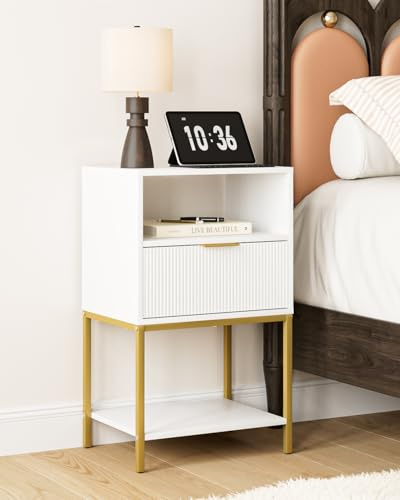 HEYZOEY Nachttisch, Nachttisch mit Goldrahmen,Nachttische Möbel, 3-Tier Lagerung Endtisch, Beistelltisch für Schlafzimmer, Wohnzimmer, Weiß
