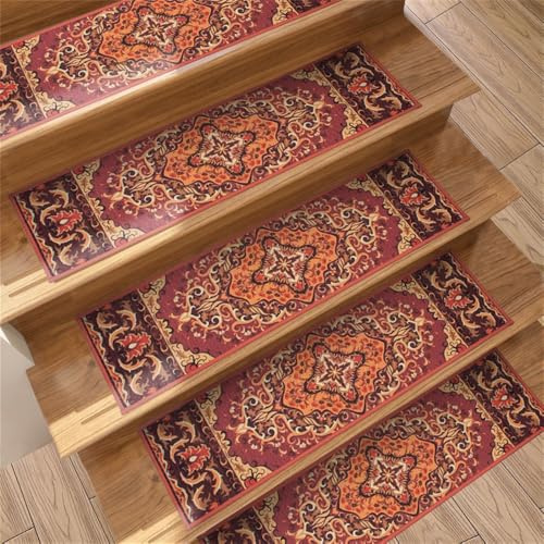 Odot Silent Stair Pads Non-Slip Stair Mats, Bohemia Stair Runner Carpet Treads, Removable Reused Stair Carpet, Stairslide Carpets for Elders, Kids & Pet Rugs Safety Mats (Red,Set of 10)