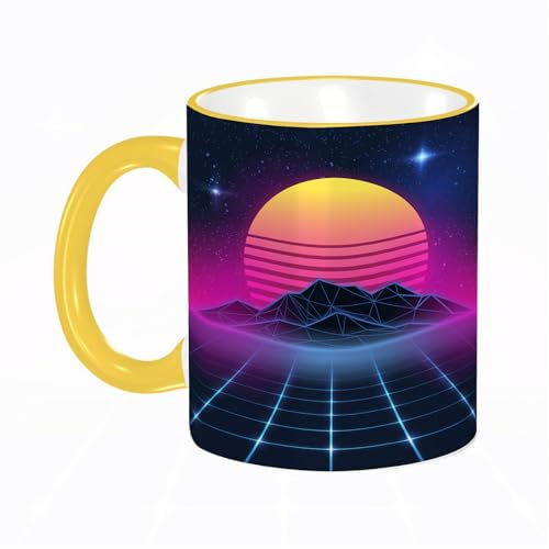 YOIUE Tasse aus Keramik - Große 11oz Tassen 330ml Kaffeetassen mit Henkel, 100% Handbemalt - Trinkgläser mit Griff - Weiß,Elektronisches Neon auf New Retro Wave 80 Party Miami 90S Beach Retrowave Des