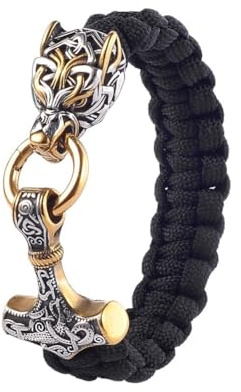 TQWSVUM Viking Mjolnir Paracord Armband für Herren - Geflochtenes Seil Armband mit Anhänger Nordrhenischer Wolfshammer - Handgemachter heidnischer keltischer Schmuck aus Edelstahl Odin Wolf
