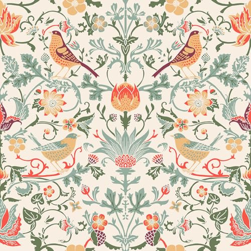 VEELIKE Vintage William Morris tapet blommor beige boho fototapet blommor fåglar mönster tapet 44,5 cm x 300 cm självhäftande tapet vintage blomma tapet för sovrum badrum självhäftande tapet hall