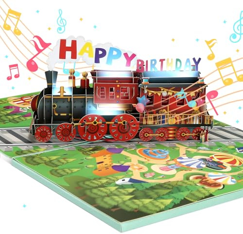 LIHAO Geburtstagskarte Kinder mit Geburtstagskarten Musik und Licht Pop Up Karte Geburtstag Zug Grußkarte Kindergeburtstag Happy Birthday Geschenk