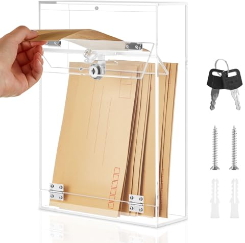 Leinuosen Large Acrylic Locking Wall Mount Mailbox 8.54 x 3 x 12.2 Inches Lock Box with Slot and Magnetic Closure Clear Security Drop Box with Key for House Outside Office School