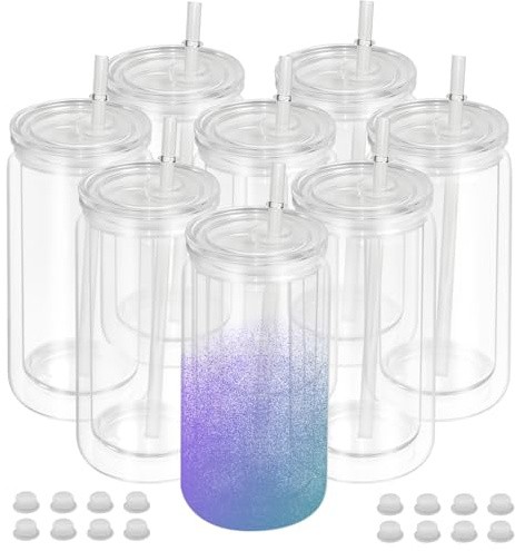 AZEAM 8 PCS Plastic Snow Globe Tumbler,16 oz Double Wall Tumbler with Pre Drilled Hole,Bulk Snow Globe Cups with Clear Lip and Straw,DIY Glitter Snowglobe(No gold powder)