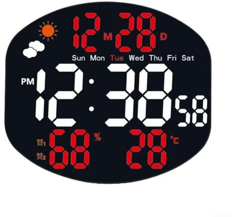 Grande orologio da parete digitale, multifunzione, a LED, stazione meteo digitale con sensore di umidità e temperatura, ampio display, ora, data, calendario, doppio allarme per soggiorno (bianco e