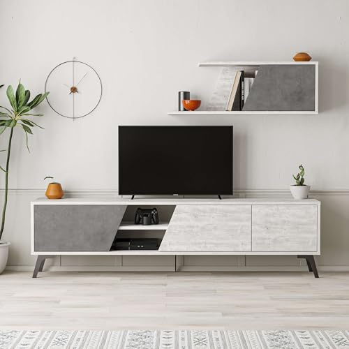 Totò Piccinni Parete Tv LOFT Porta TV mobile salotto multiuso composizione soggiorno 180x35,6 (Bianco Antico/Cemento)