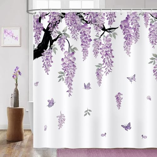 COZZSNUGE Cortina de Ducha Flores Morado, Cortina de Baño Wisteria Flor Mariposa 183 x 183 cm Poliéster Impermeable Resistente al Moho con 12 Ganchos