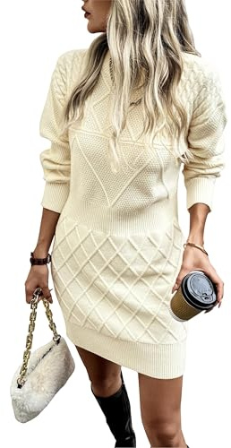 Theenkoln Pulloverkleid Damen Elegant Rundhals Strickkleid Herbst Winter Strickpullover Kleid Pullikleid Sweatkleid Minikleid Beige M