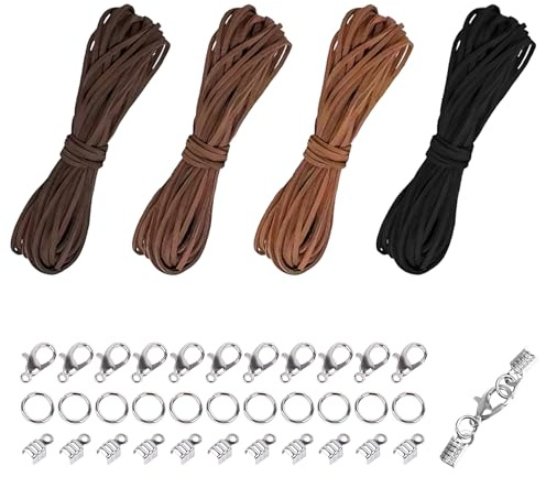 4 Farben Lederband für Ketten 4x10m, Lederbänder für Ketten in 4 Farben – DIY Lederbänder mit 100 Verschlüssen für Armbänder, Halsketten & Schmuckhandwerk (40m Gesamt)