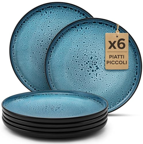 Twinzee Vajillas Completas 6 Personas de Gres Azur Resistente - 6 Platos Pequeños estilo Riviera - Apta microondas