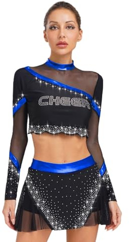 iiniim Damen Cheer Leader Kostüm Cheerleading Uniform Langarm Crop Tops mit Rock Cheer Tanzkleid Halloween Karneval Fasching Kostüm Royal Blau L