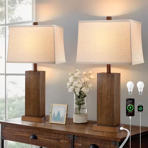 Lovlast 27.5 Wood Table Lamps Set of 2, Modern Farmhouse Bedroom Lamp for Nightstand with USB Charging Port, Natural Wooden Base Table Lamp for Living Room Bedroom, Bulbs Included (Walnut Wood)