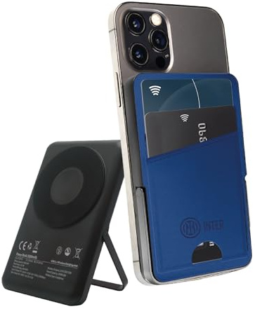INTER Powerbank Portafogli – con ricarica Wireless MagSafe 5000mAh – Compatibile con Apple e Android, Ricarica Rapida Wireless e via Cavo Type-C – Cavo Incluso – Prodotto ufficiale (blu)