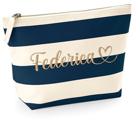 Caribu design Pochette in Cotone a Righe Personalizzata con Nome Iniziali Testo - Borsa Trucchi Cosmetica da Viaggio con Cerniera - Idea Regalo Ragazza Donna Beauty Case (Blu/Panna)