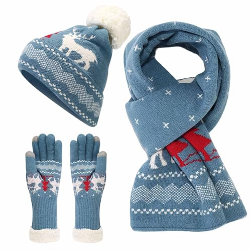 Mütze Schal Handschuhe Set Damen Weihnachtsmütze Rentier Handschuhe Herren Warm Wintermütze BeanieKnit Bommel Strickmützen Set Gestrickt Strickschal Warme Outfits Winddichte Handschuh