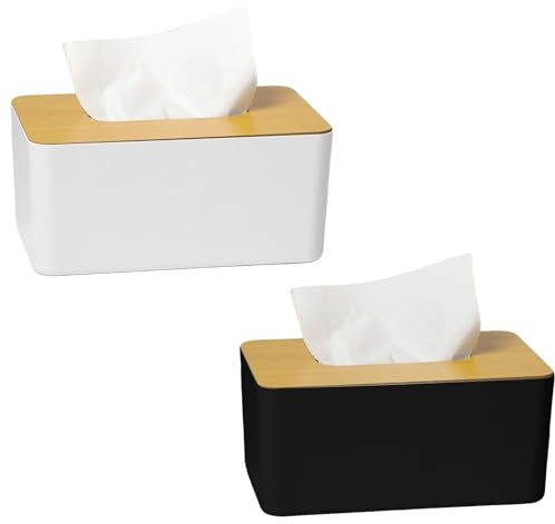 Keboyoe 2 Stück Taschentuchbox Tücherbox mit Deckel aus Bambus-21*13*9.5cm | Tücher Spender mit Bambus-deckel pp Material Taschentuchboxs für Büro,Wohnzimmer,Badezimmer,Schreibtisch,Küche(Weiß+Schwarz)