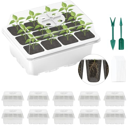 Lychee Bandejas de semillas, paquete de 10 bandejas de cultivo de 120 celdas, propagador de semillas gruesas con diseño de ventilación con tapa/rotación para invernadero y jardines (blanco, 10 piezas)