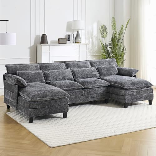 110 U Shaped Cloud Couch for Living Room, Modular Sectional Sofa with 4 Waist Pillows,Sleeper Deep Seat Couch with Double Chaise Lounge & Side Storage